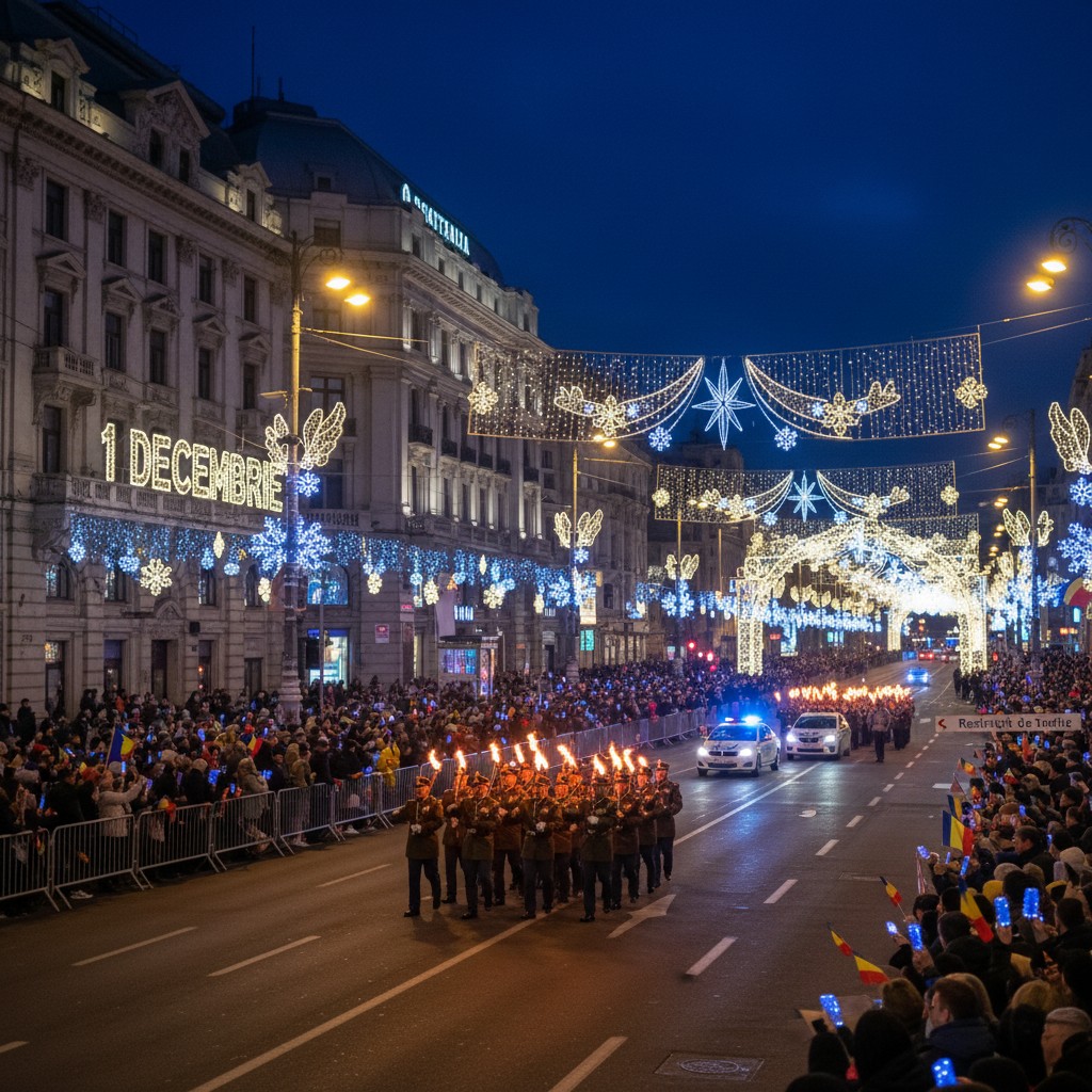 Parada militară, retragerea cu torțe și iluminatul festiv aprins în oraș