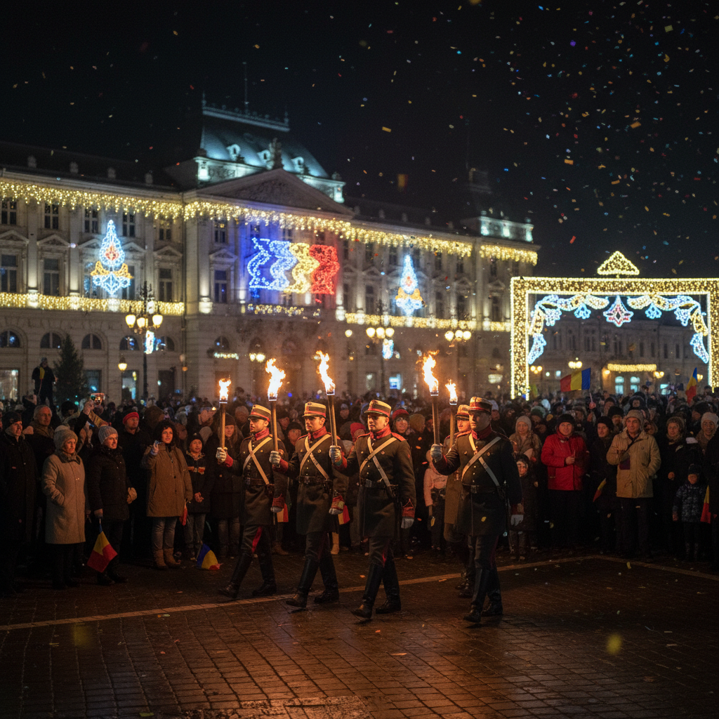 Vasluiul marchează 1 Decembrie cu ceremonii militare, retragere cu torțe și aprinderea iluminatului festiv